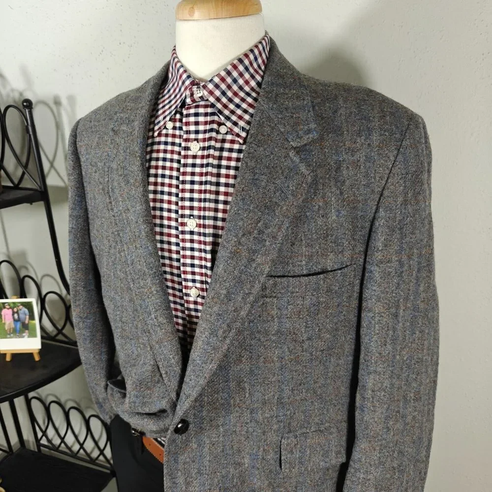 Vtg Hardwick‎ Men's Tweed Sport Coat Blazer Two Button Blue Plaid Wool about 45R